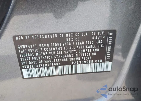 2015 Volkswagen Jetta 2.0L S z USA, uszkodzony, nr VIN 3VW2K7AJXFM215682